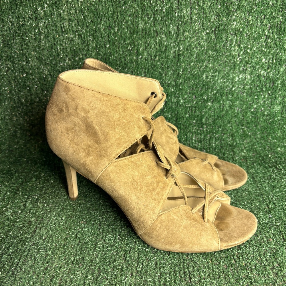 Via Spiga Suede Lace Up Open Toe Stiletto Sandal Bootie Tan Brown Womens Sz 10M